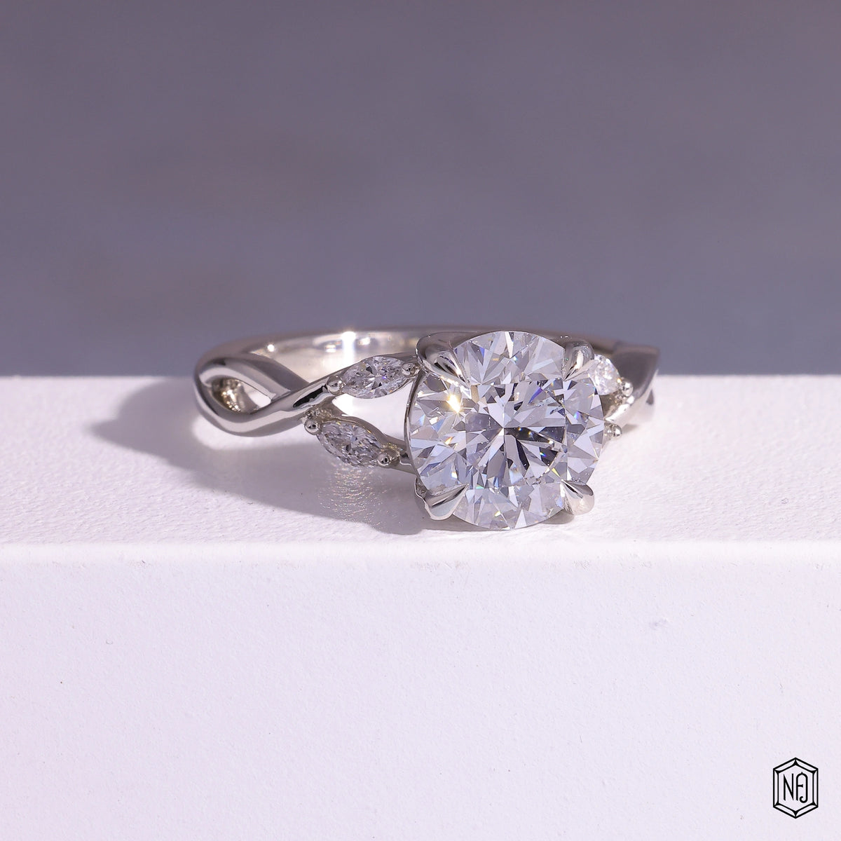 1.51 Carat Round Cut Lab Grown Diamond Side Stone Pavé Engagement Ring - Gallery & Prongs Detail