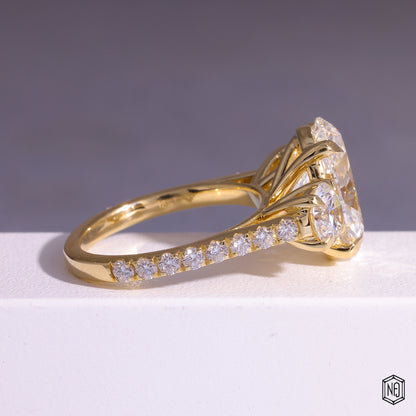 6.08 Carat Oval Cut Lab Grown Diamond Trellis Three-Stone Engagement Ring - Side Profile Angle