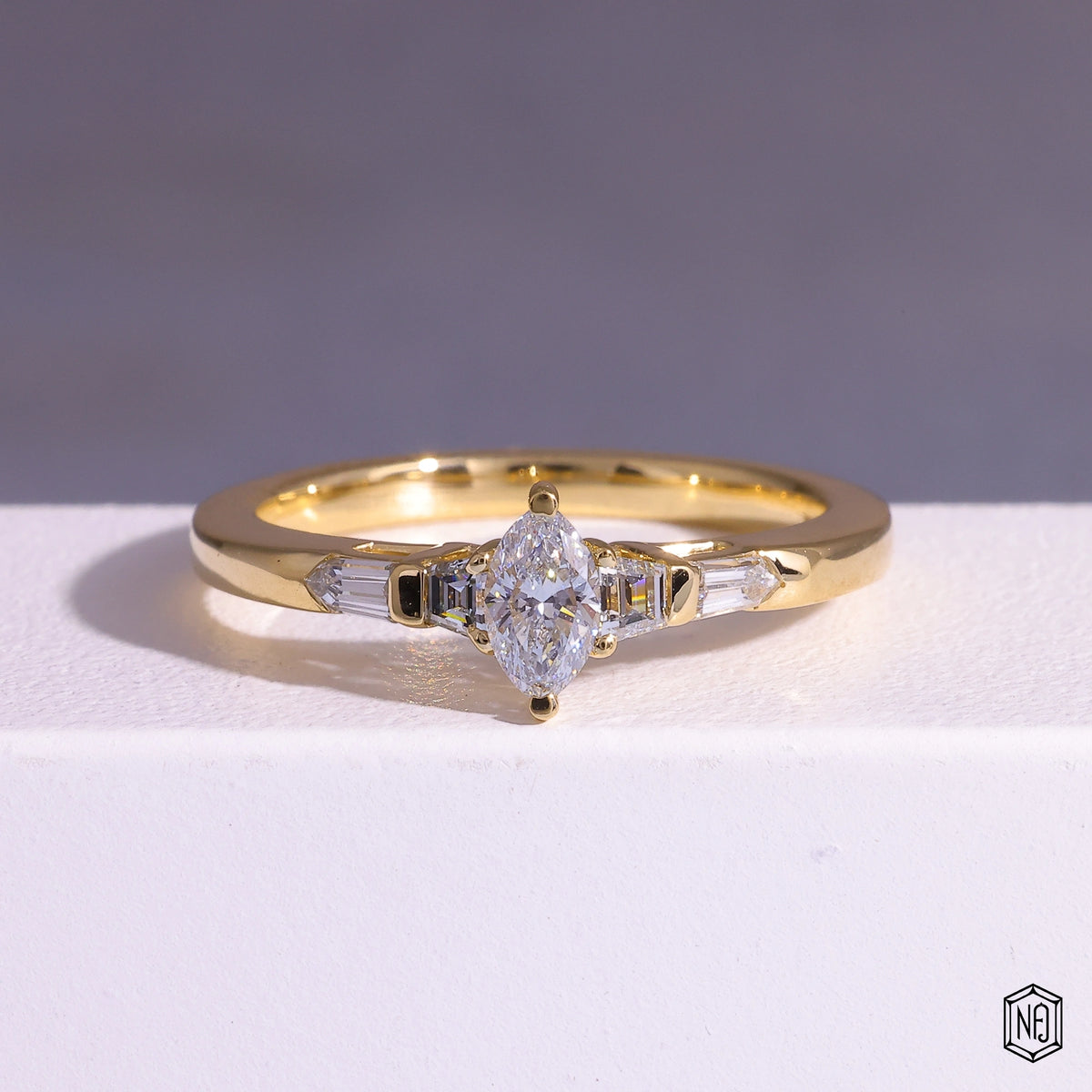 0.24 Carat Marquise Cut Lab Grown Diamond Trellis Three-Stone Engagement Ring - Front Top View