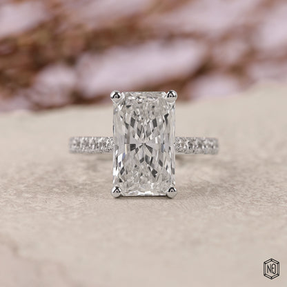 4.05 Carat Radiant Cut Lab Grown Diamond Side Stone Pavé Engagement Ring - Front Top View