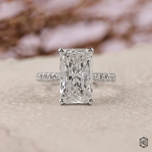 4.05 Carat Radiant Cut Lab Grown Diamond Side Stone Pavé Engagement Ring - Front Top View