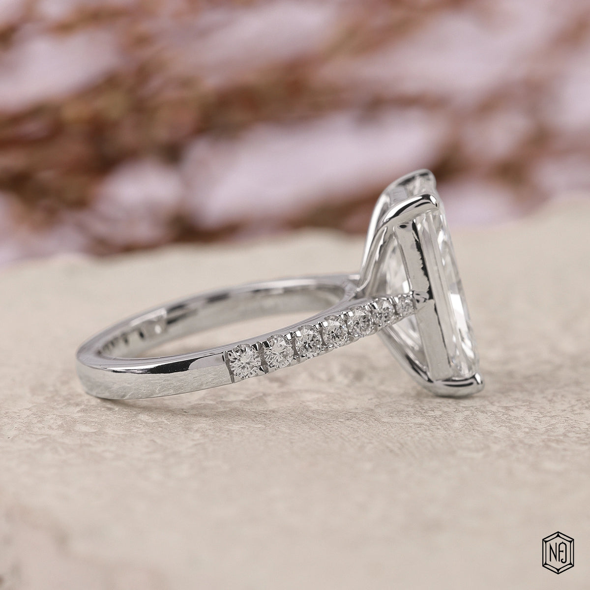 4.05 Carat Radiant Cut Lab Grown Diamond Side Stone Pavé Engagement Ring - Side Profile Angle