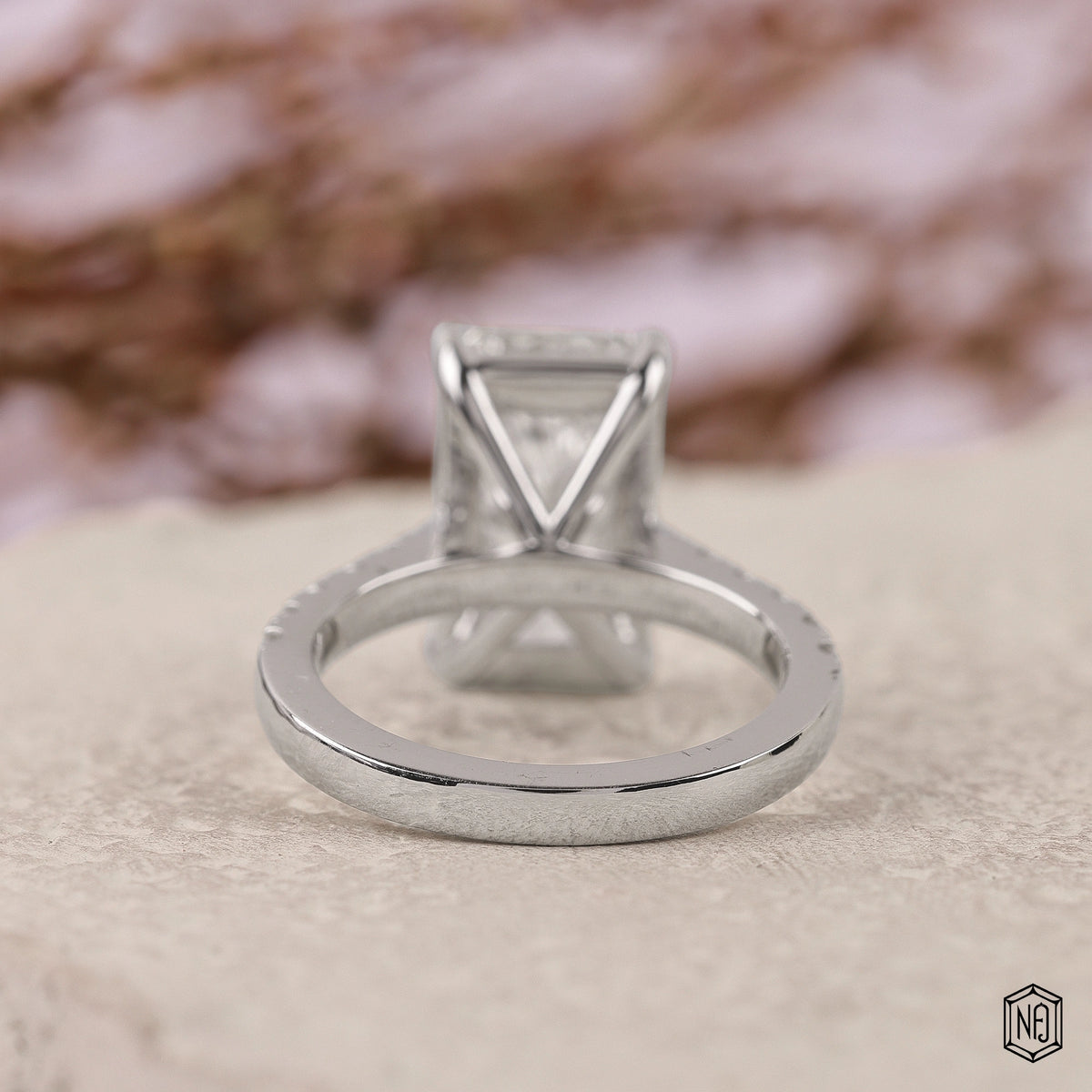 4.05 Carat Radiant Cut Lab Grown Diamond Side Stone Pavé Engagement Ring - Hand View / Detail Angle