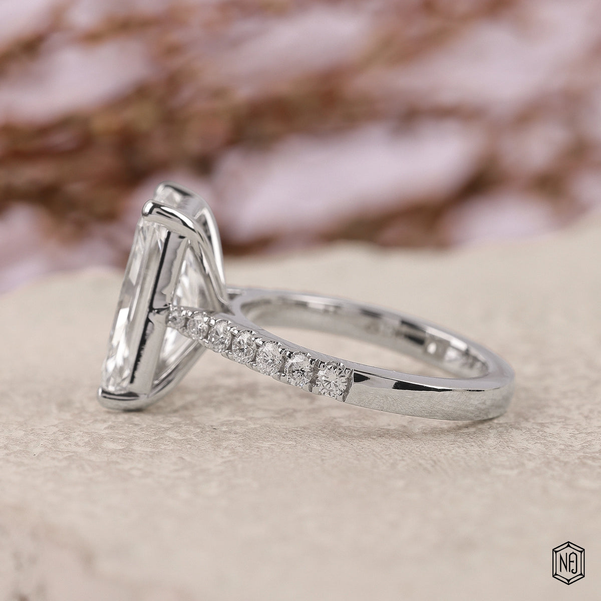4.05 Carat Radiant Cut Lab Grown Diamond Side Stone Pavé Engagement Ring - Angled Perspective