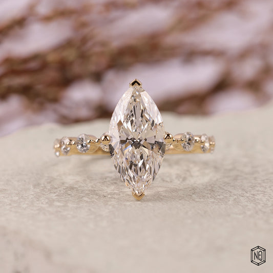 3.00 Carat Marquise Cut Lab Grown Diamond Side Stone Pavé Engagement Ring - Front Top View