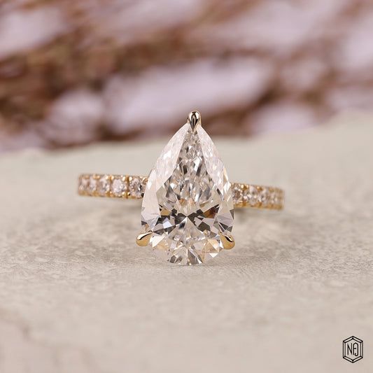 3.84 Carat Pear Cut Lab Grown Diamond Delicate Hidden Halo Engagement Ring - Front Top View
