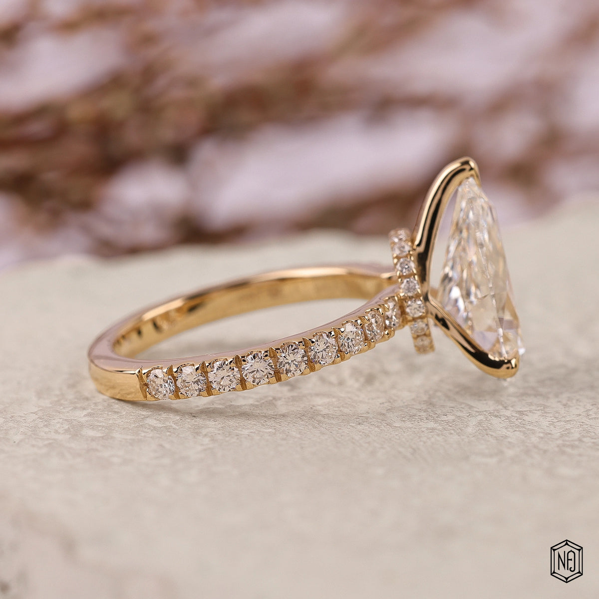 3.84 Carat Pear Cut Lab Grown Diamond Delicate Hidden Halo Engagement Ring - Side Profile Angle