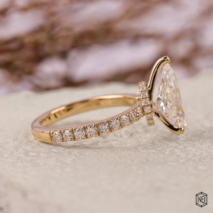 3.84 Carat Pear Cut Lab Grown Diamond Delicate Hidden Halo Engagement Ring - Side Profile Angle
