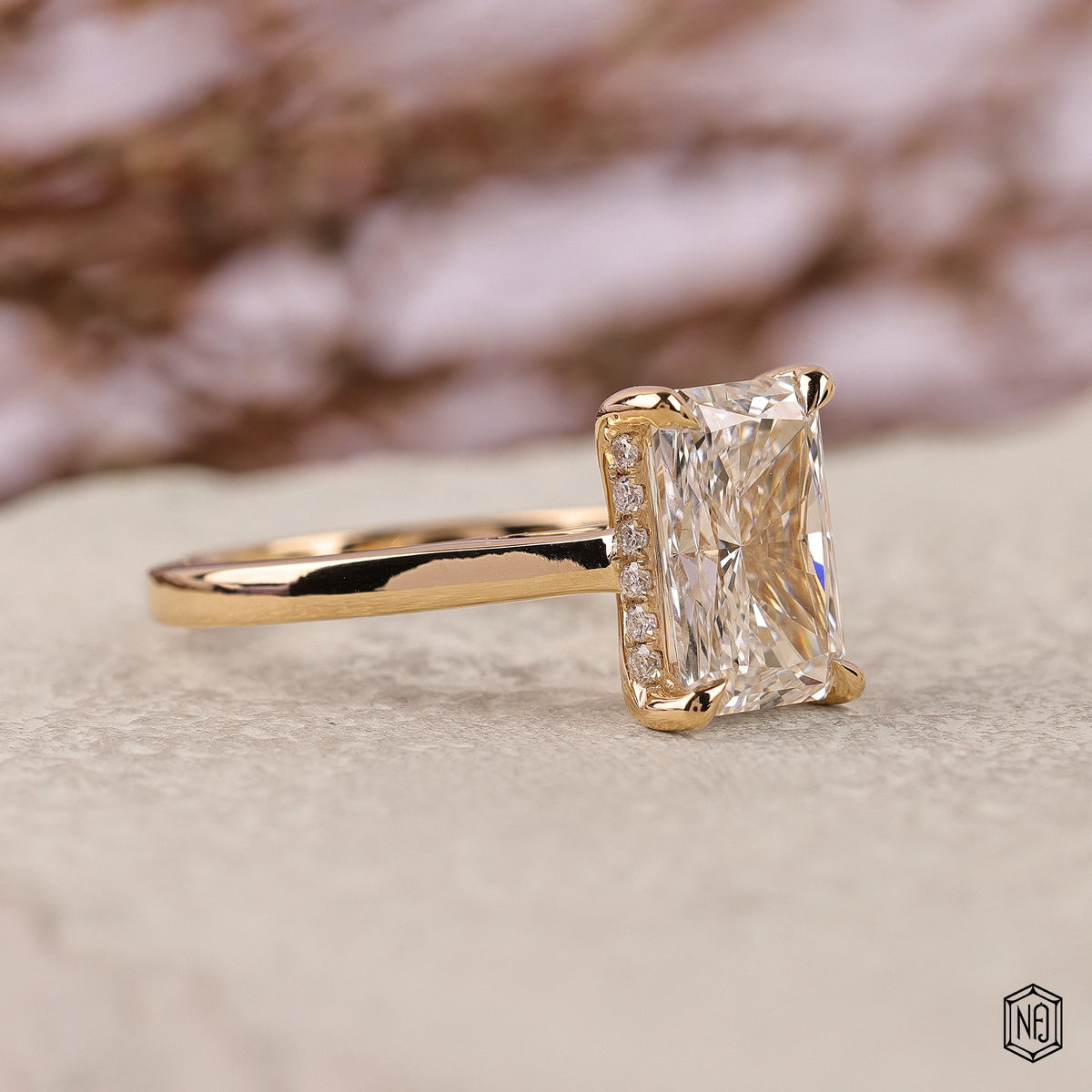 3.5 Carat Radiant Cut Lab Grown Diamond Delicate Hidden Halo Engagement Ring - Gallery & Prongs Detail