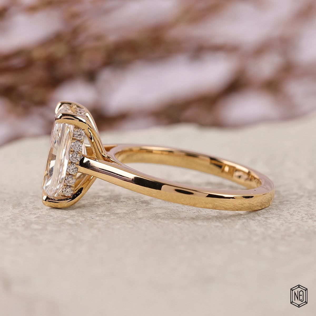 3.5 Carat Radiant Cut Lab Grown Diamond Delicate Hidden Halo Engagement Ring - Angled Perspective