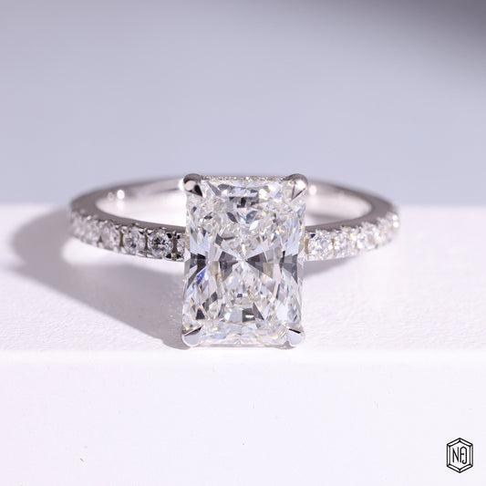 2.74 Carat Radiant Cut Lab Grown Diamond Delicate Hidden Halo Engagement Ring - Front Top View