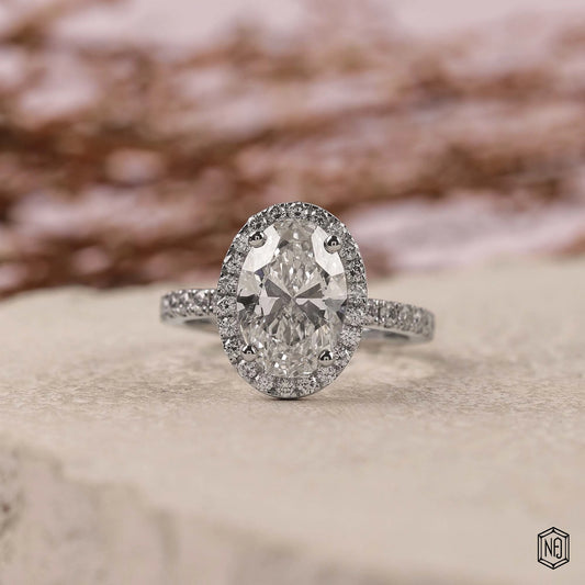 3 Carat Oval Cut Lab Grown Diamond Classic Diamond Halo Engagement Ring - Front Top View