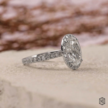 3 Carat Oval Cut Lab Grown Diamond Classic Diamond Halo Engagement Ring - Gallery & Prongs Detail