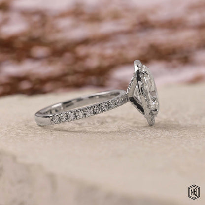 3 Carat Oval Cut Lab Grown Diamond Classic Diamond Halo Engagement Ring - Side Profile Angle