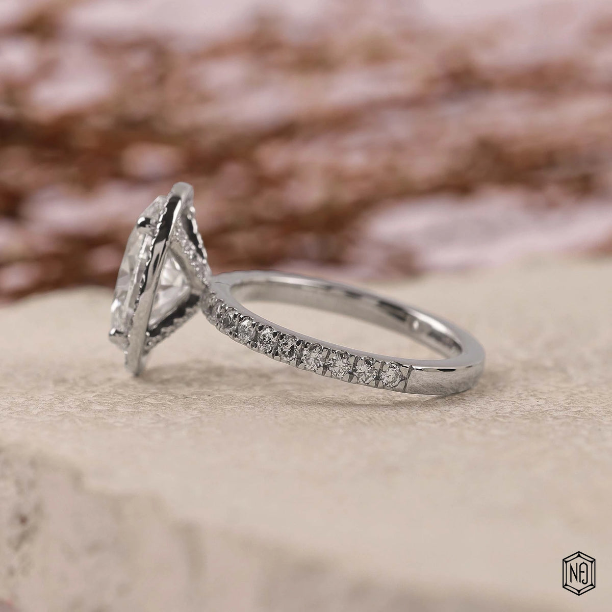 3 Carat Oval Cut Lab Grown Diamond Classic Diamond Halo Engagement Ring - Angled Perspective