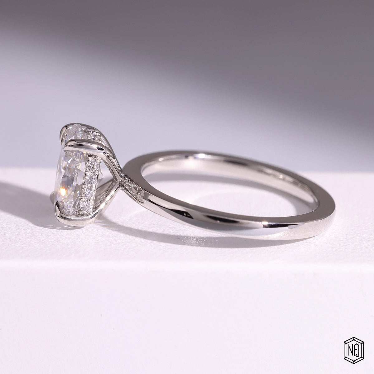 1.44 Carat Oval Cut Lab Grown Diamond Delicate Hidden Halo Engagement Ring - Angled Perspective
