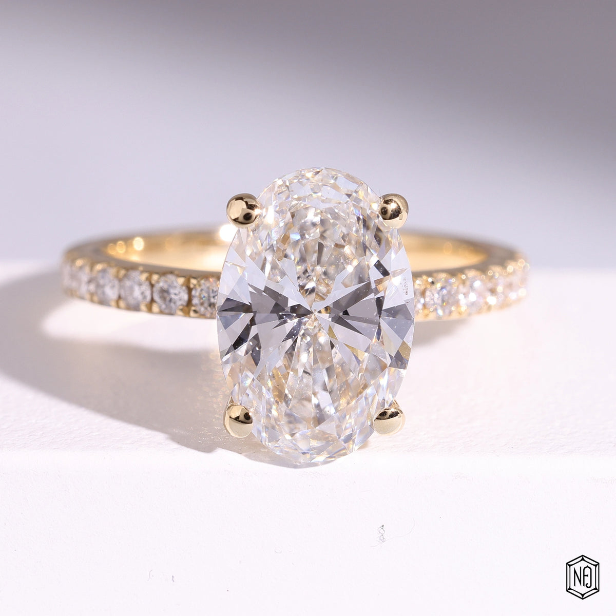 3.22 Carat Oval Cut Lab Grown Diamond Side Stone Pavé Engagement Ring - Front Top View