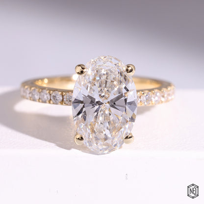 3.22 Carat Oval Cut Lab Grown Diamond Side Stone Pavé Engagement Ring - Front Top View