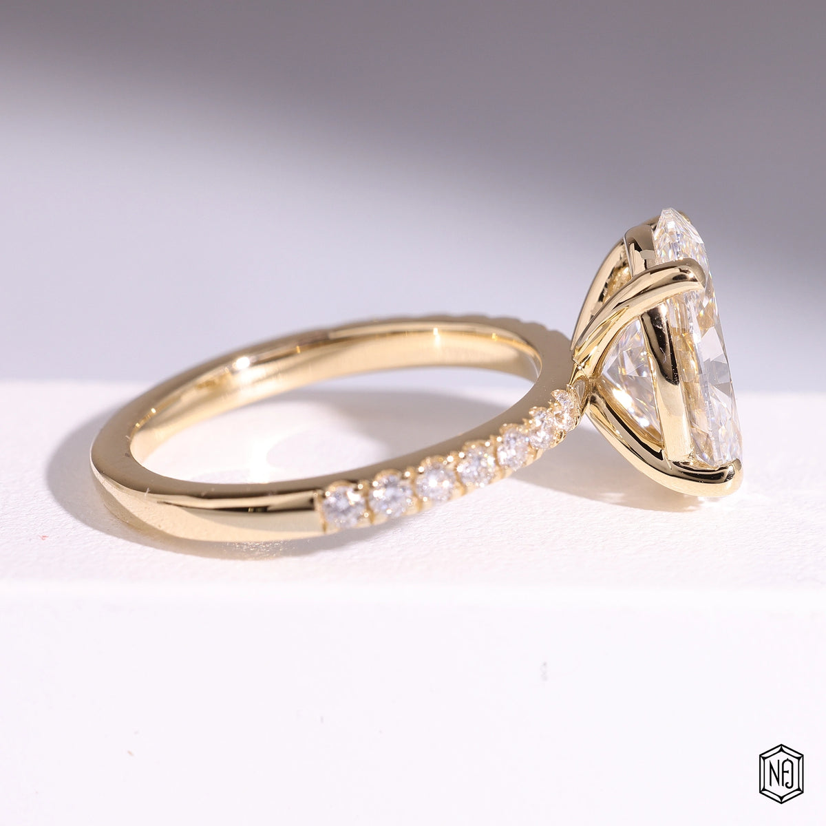 3.22 Carat Oval Cut Lab Grown Diamond Side Stone Pavé Engagement Ring - Side Profile Angle