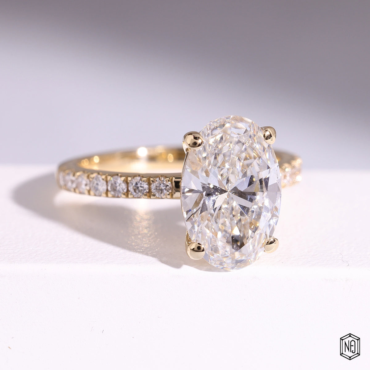 3.22 Carat Oval Cut Lab Grown Diamond Side Stone Pavé Engagement Ring - Gallery & Prongs Detail