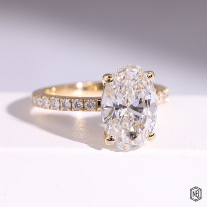 3.22 Carat Oval Cut Lab Grown Diamond Side Stone Pavé Engagement Ring - Gallery & Prongs Detail