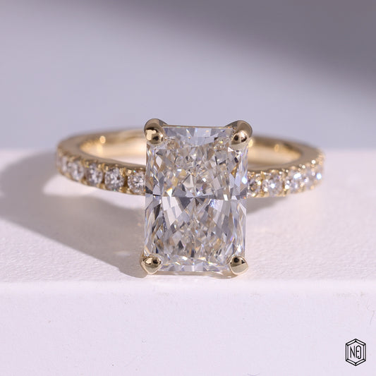 2.81 Carat Radiant Cut Lab Grown Diamond Side Stone Pavé Engagement Ring - Front Top View