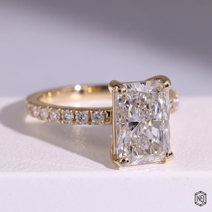 2.81 Carat Radiant Cut Lab Grown Diamond Side Stone Pavé Engagement Ring - Gallery & Prongs Detail
