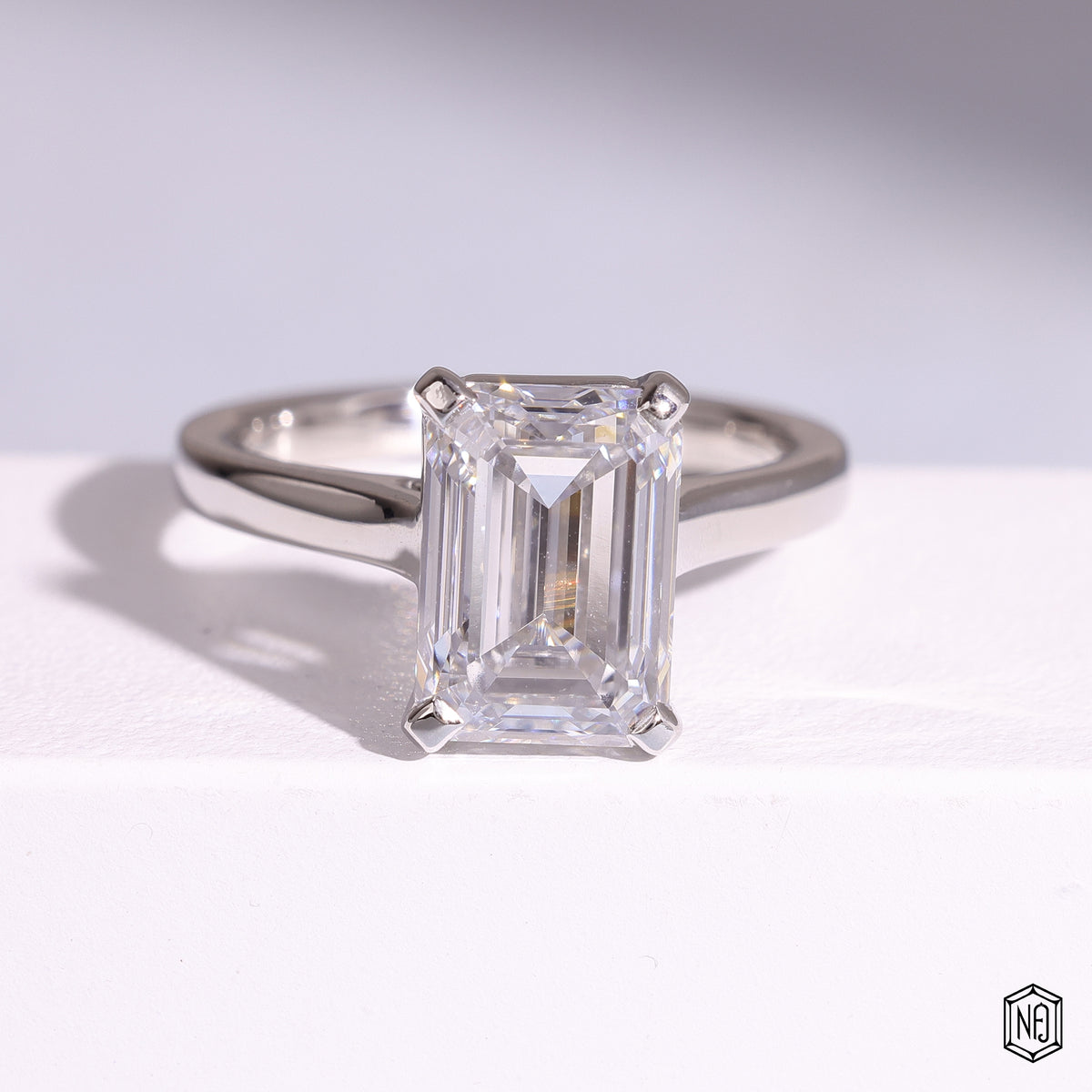 Emerald Cut Lab Grown Diamond Solitaire Engagement Ring with Tapered Shank