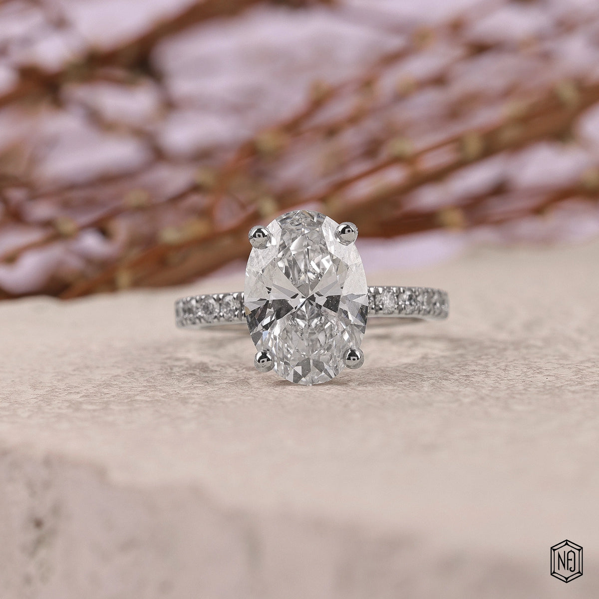 3.32 Carat Oval Cut Lab Grown Diamond Side Stone Pavé Engagement Ring - Front Top View