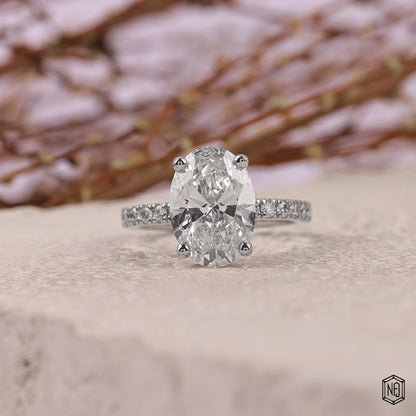 3.32 Carat Oval Cut Lab Grown Diamond Side Stone Pavé Engagement Ring - Front Top View