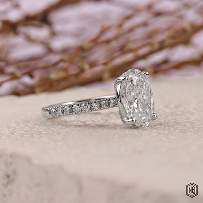 3.32 Carat Oval Cut Lab Grown Diamond Side Stone Pavé Engagement Ring - Gallery & Prongs Detail