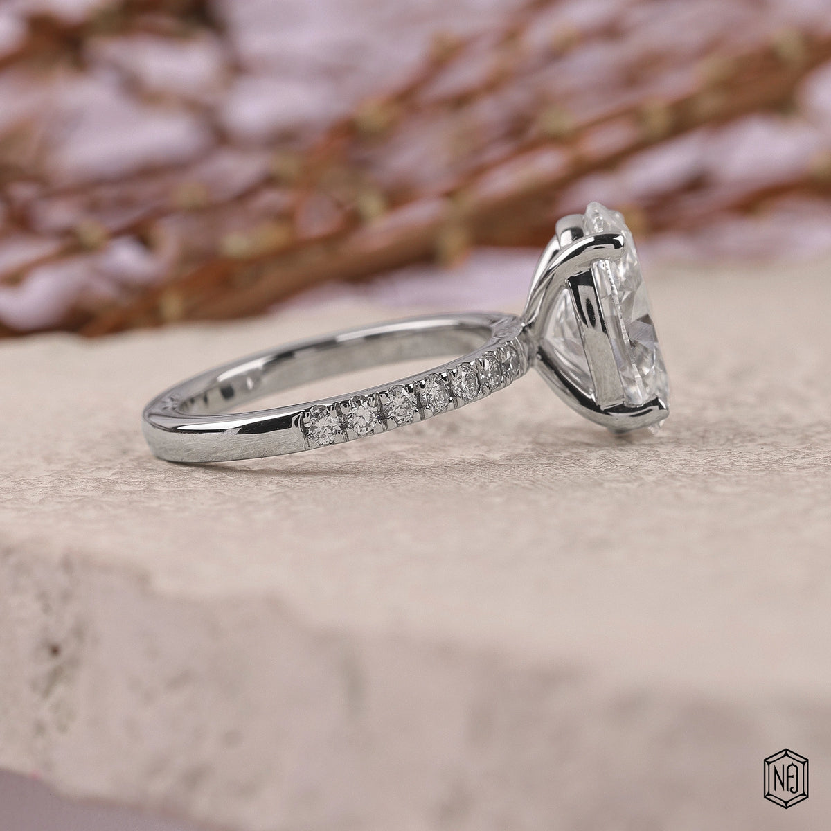 3.32 Carat Oval Cut Lab Grown Diamond Side Stone Pavé Engagement Ring - Side Profile Angle