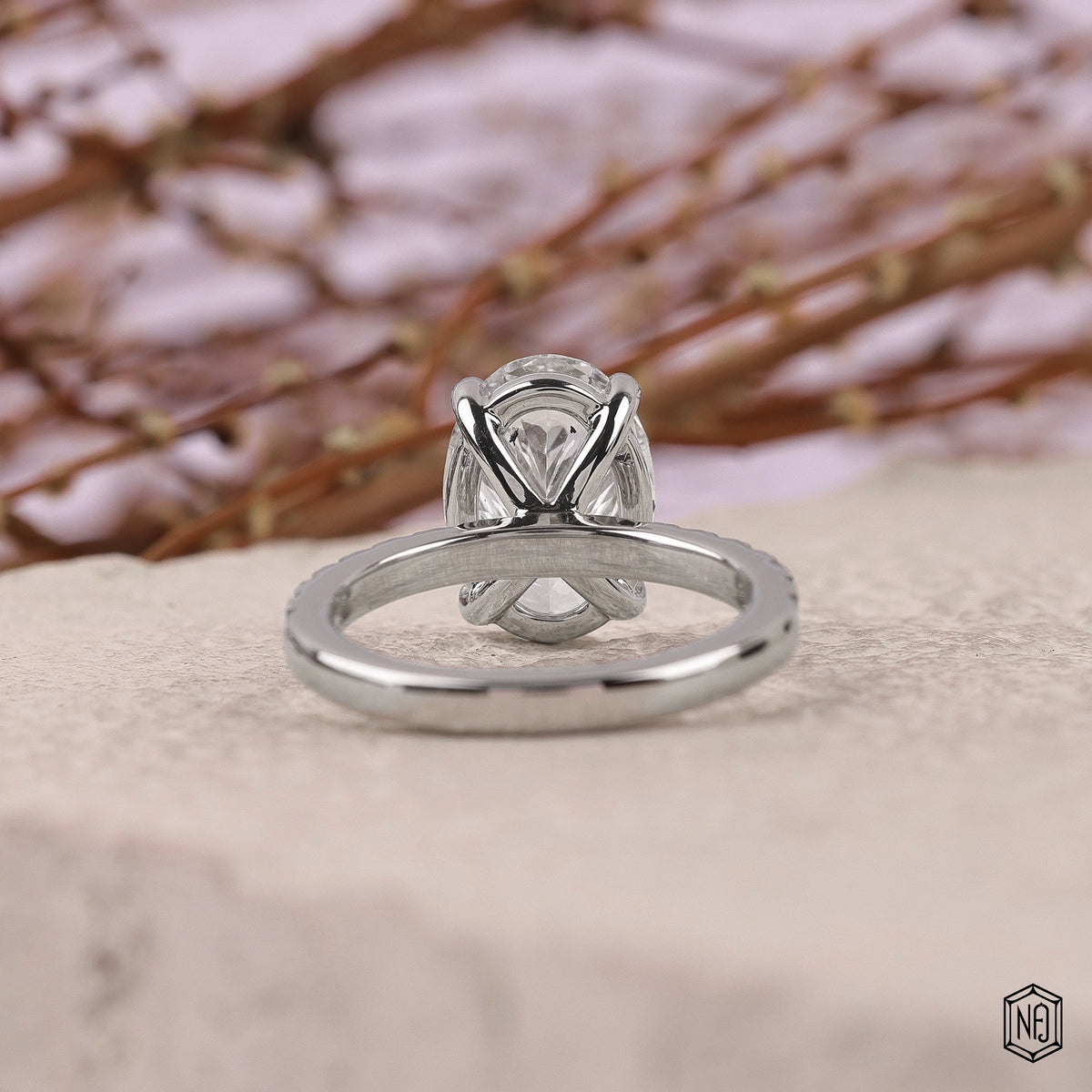 3.32 Carat Oval Cut Lab Grown Diamond Side Stone Pavé Engagement Ring - Hand View / Detail Angle