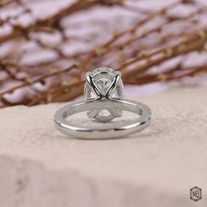 3.32 Carat Oval Cut Lab Grown Diamond Side Stone Pavé Engagement Ring - Hand View / Detail Angle