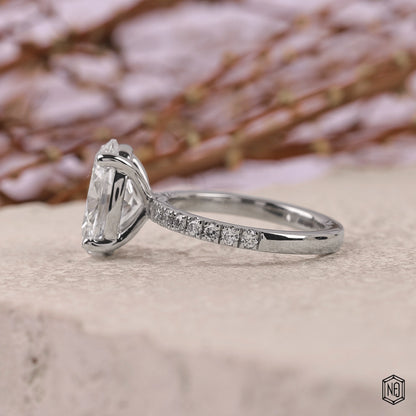 3.32 Carat Oval Cut Lab Grown Diamond Side Stone Pavé Engagement Ring - Angled Perspective