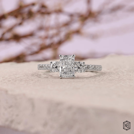 1 Carat Radiant Cut Lab Grown Diamond Trellis Three-Stone Engagement Ring - Front Top View