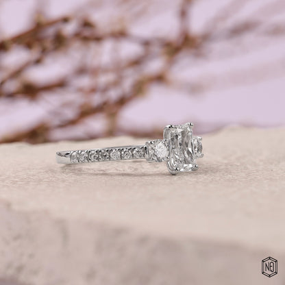1 Carat Radiant Cut Lab Grown Diamond Trellis Three-Stone Engagement Ring - Gallery & Prongs Detail