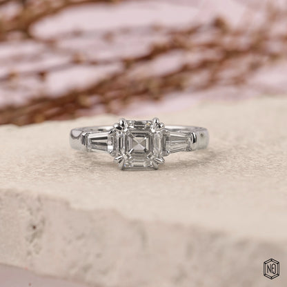 2.12 Carat Asscher Cut Lab Grown Diamond Trellis Three-Stone Engagement Ring - Front Top View