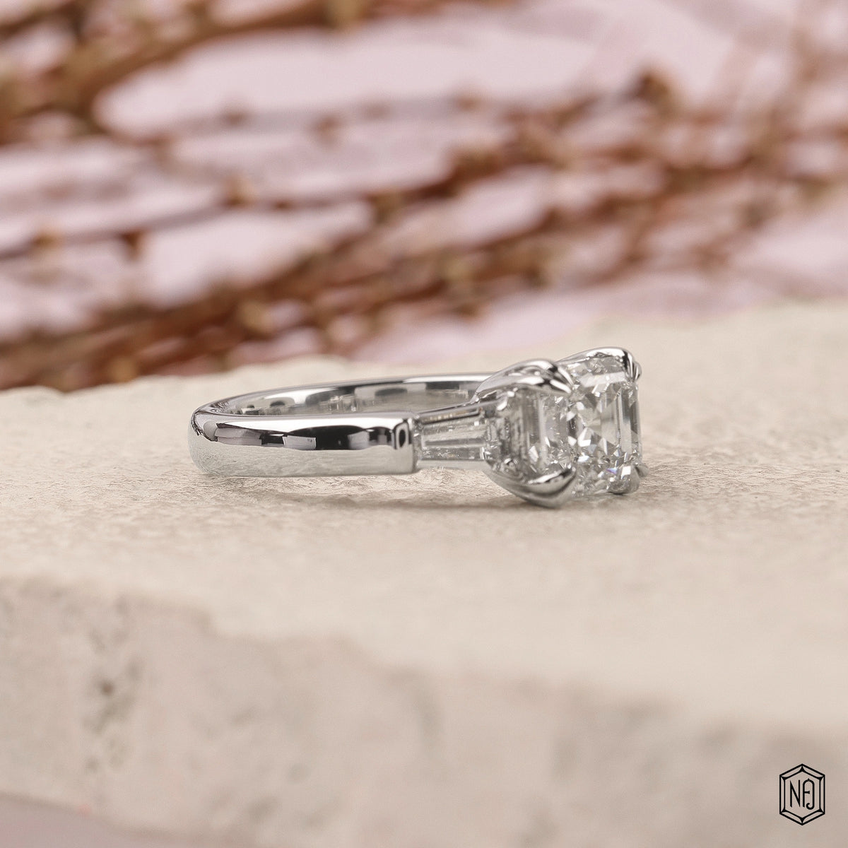 2.12 Carat Asscher Cut Lab Grown Diamond Trellis Three-Stone Engagement Ring - Gallery & Prongs Detail