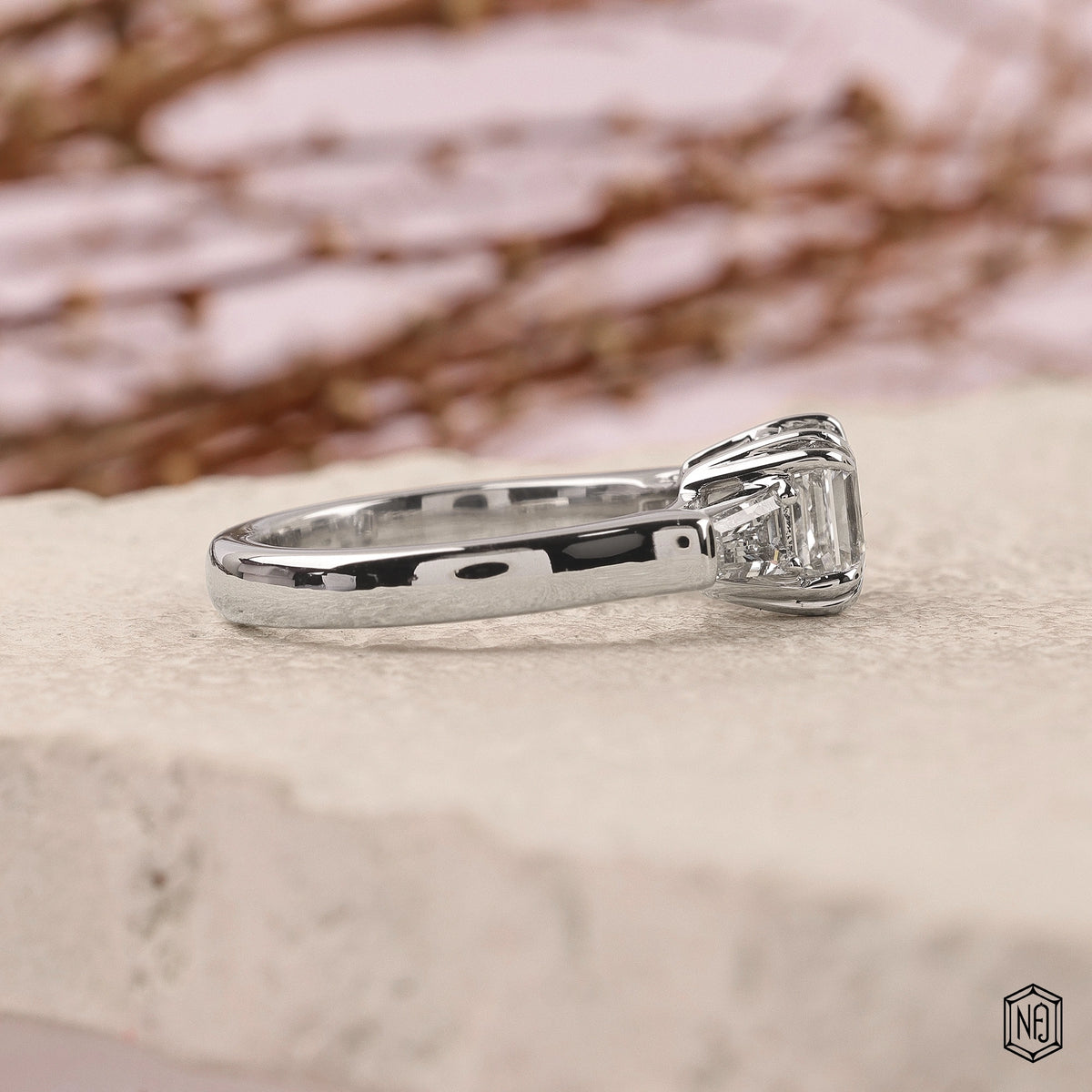 2.12 Carat Asscher Cut Lab Grown Diamond Trellis Three-Stone Engagement Ring - Side Profile Angle