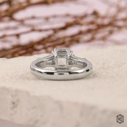 2.12 Carat Asscher Cut Lab Grown Diamond Trellis Three-Stone Engagement Ring - Hand View / Detail Angle