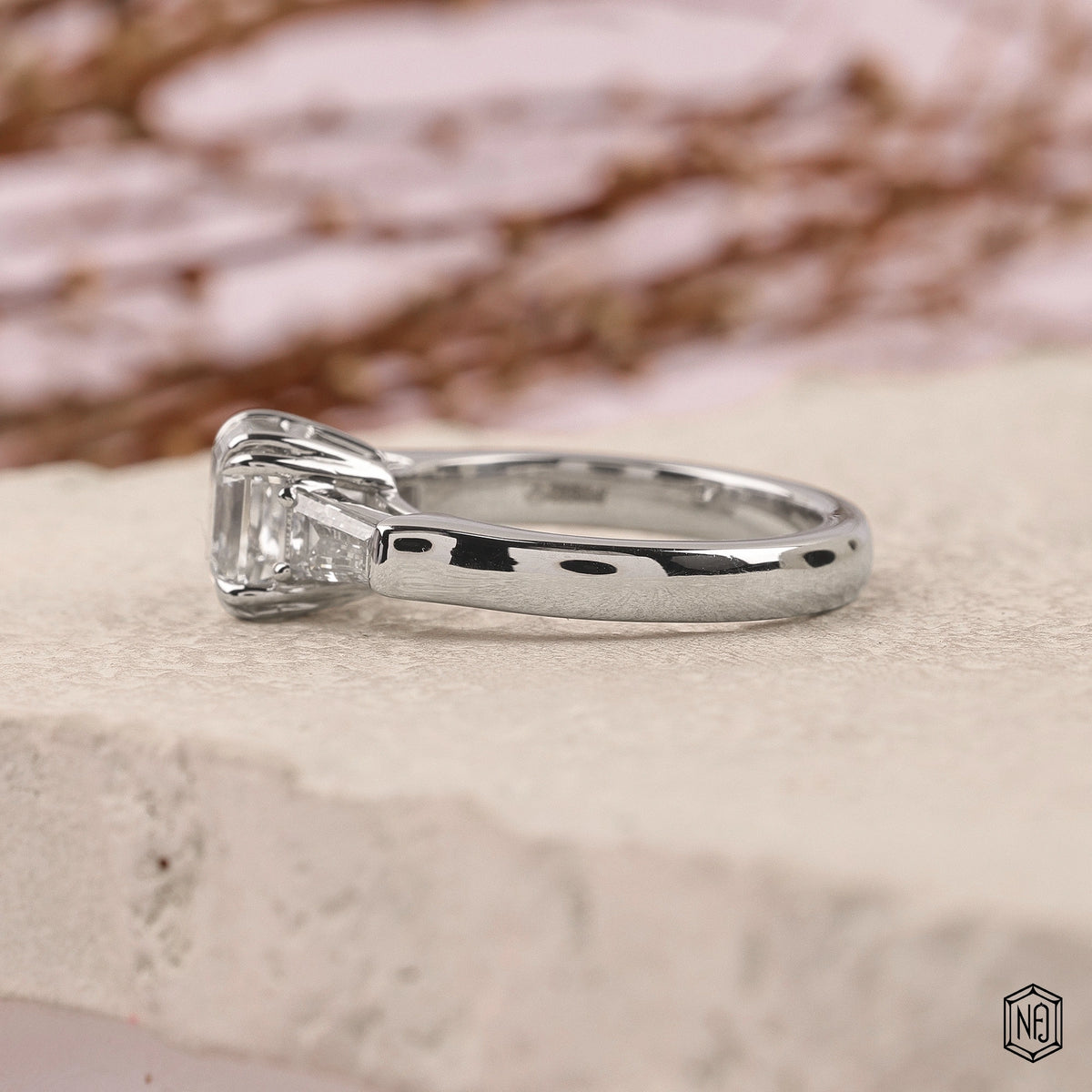 2.12 Carat Asscher Cut Lab Grown Diamond Trellis Three-Stone Engagement Ring - Angled Perspective