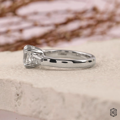 2.12 Carat Asscher Cut Lab Grown Diamond Trellis Three-Stone Engagement Ring - Angled Perspective