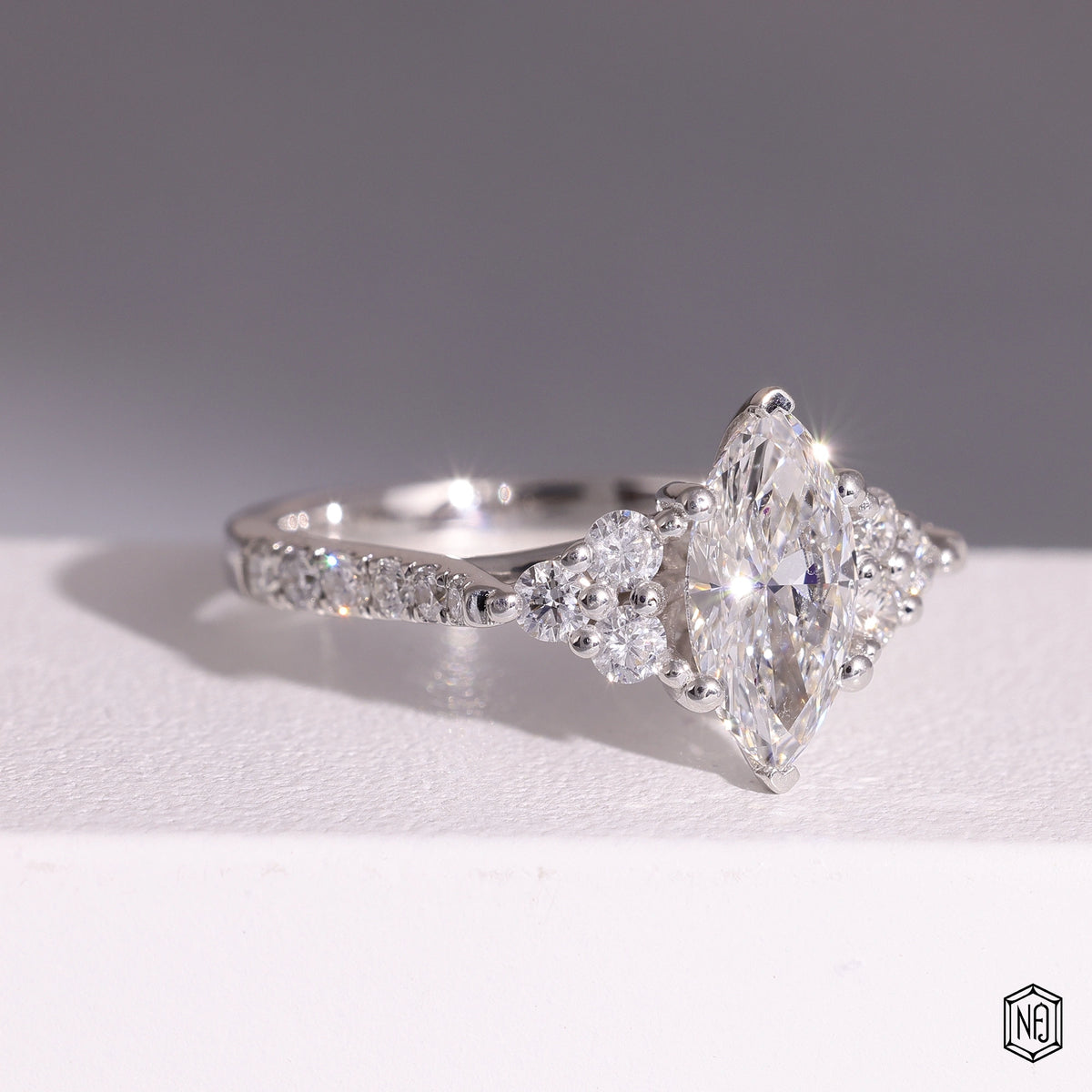 1.12 Carat Marquise Cut Lab Grown Diamond Vintage Inspired Heirloom Engagement Ring - Gallery & Prongs Detail