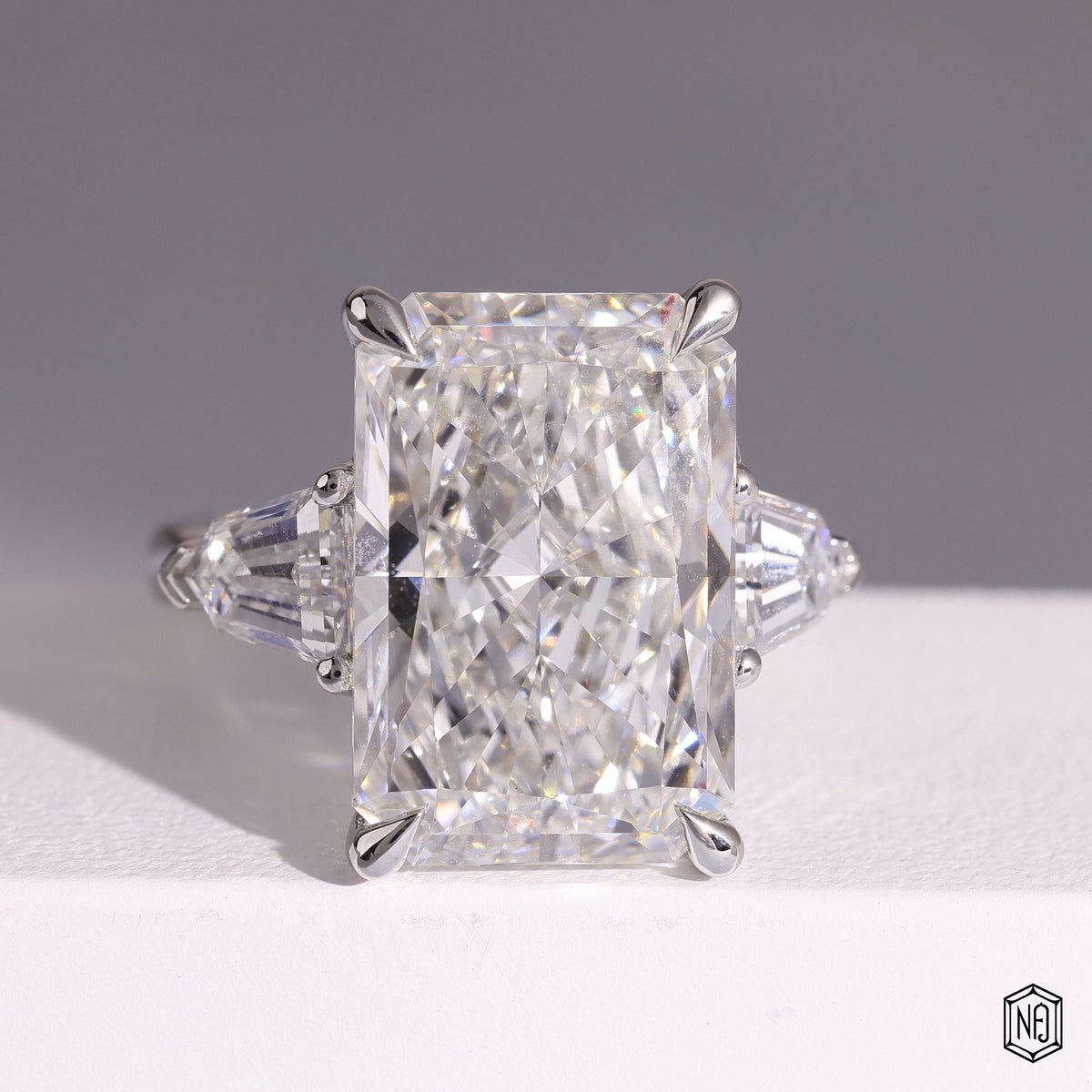 9.58 Carat Radiant Cut Lab Grown Diamond Trellis Three-Stone Engagement Ring - Front Top View