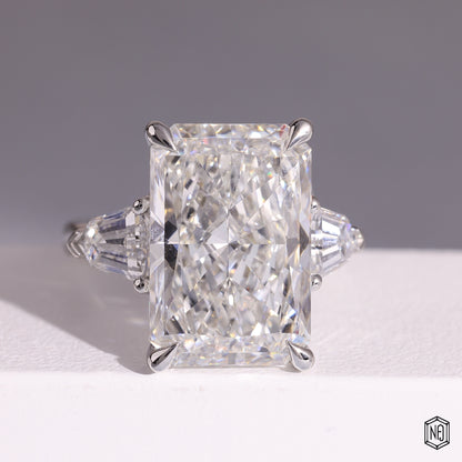9.58 Carat Radiant Cut Lab Grown Diamond Trellis Three-Stone Engagement Ring - Front Top View