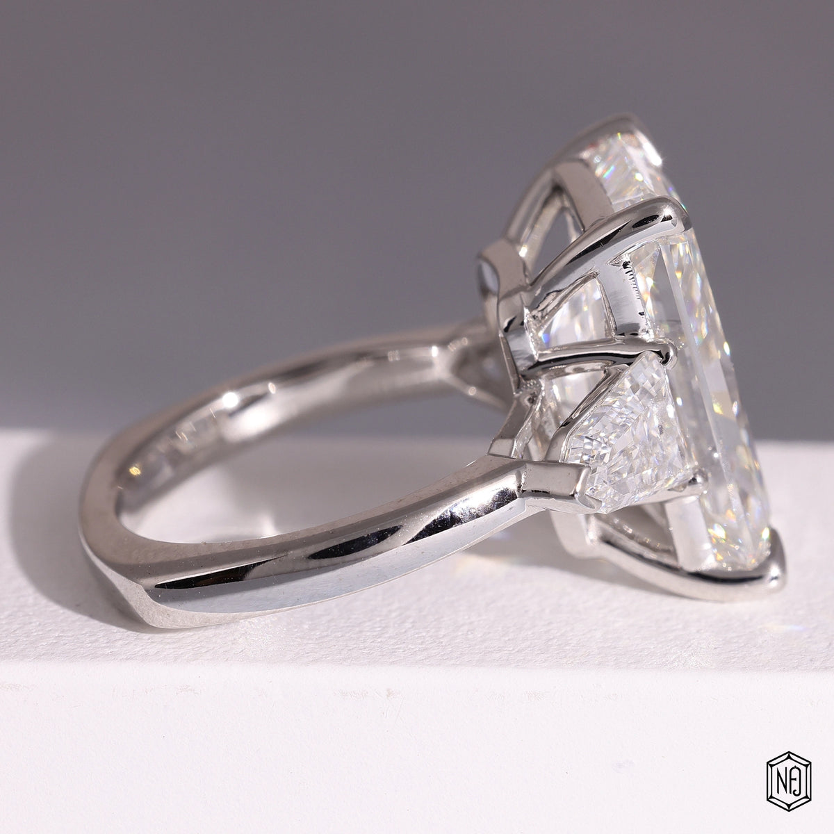 9.58 Carat Radiant Cut Lab Grown Diamond Trellis Three-Stone Engagement Ring - Side Profile Angle