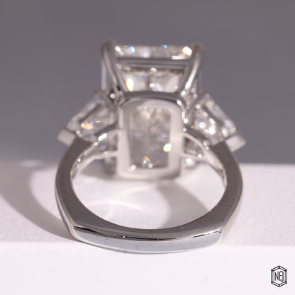 9.58 Carat Radiant Cut Lab Grown Diamond Trellis Three-Stone Engagement Ring - Hand View / Detail Angle