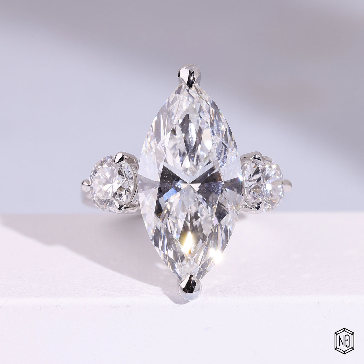 9.57 Carat Marquise Cut Lab Grown Diamond Trellis Three-Stone Engagement Ring - Front Top View