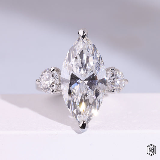 9.57 Carat Marquise Cut Lab Grown Diamond Trellis Three-Stone Engagement Ring - Front Top View